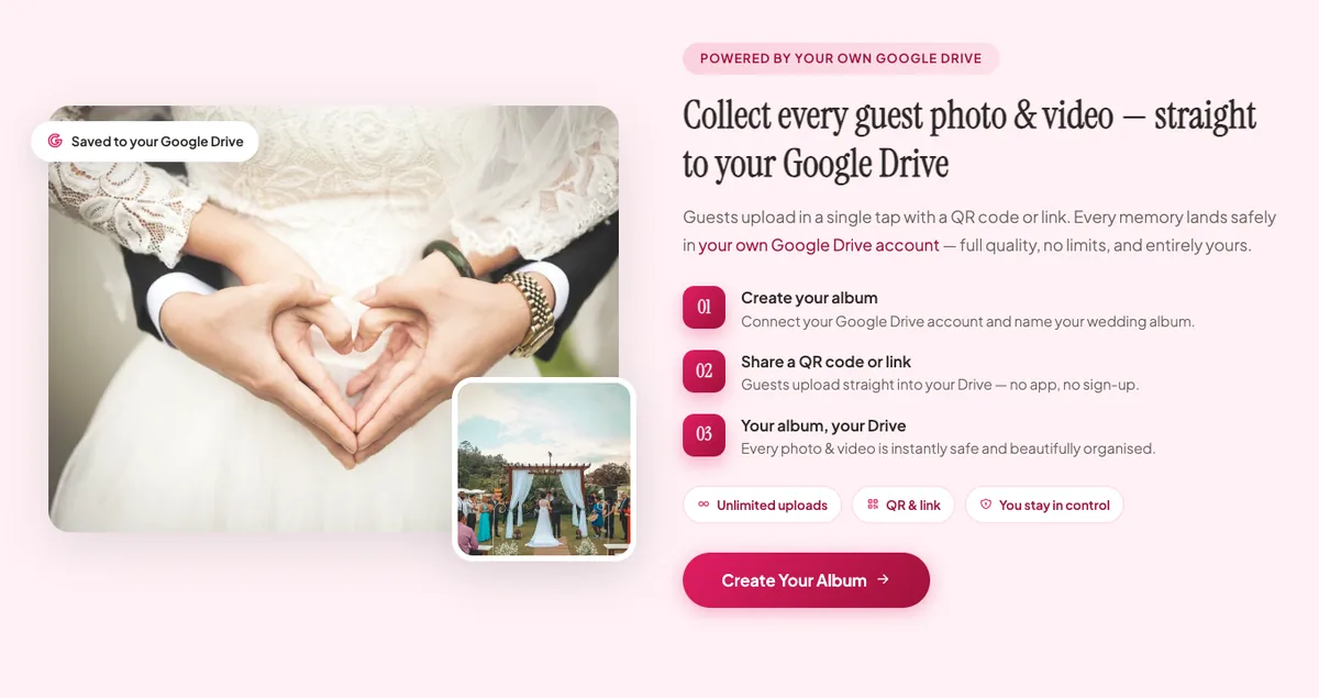 BigDot guest album: guests upload by QR code or link and every photo and video is saved straight to the couple's own Google Drive